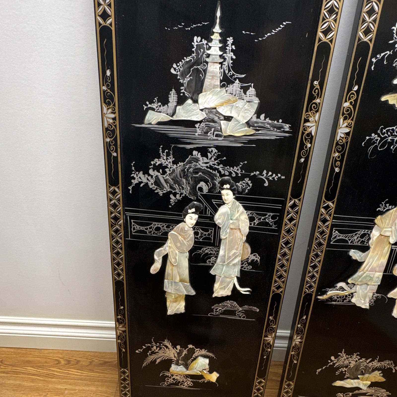 2- Vintage Oriental Geisha Asian 12″x36″ Wall Panels Blk Lacquer Mother of Pearl