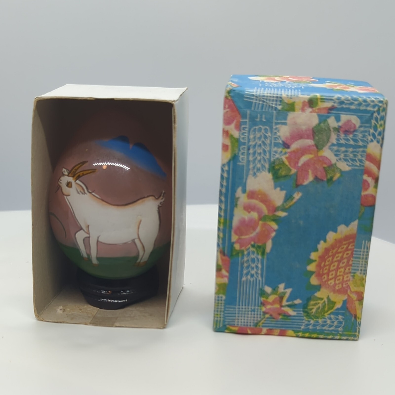 Chinese Reverse Hand-painted Art Glass Egg Depicting White Goat w/Stand 3.25″H