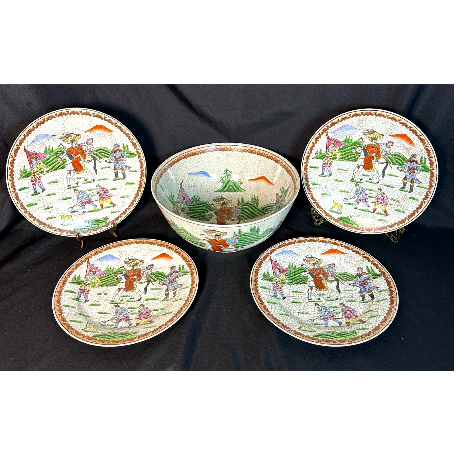 Chinese Porcelain Vintage Large 12.5″ Bowl with Four 10.5″ Matching Plates!