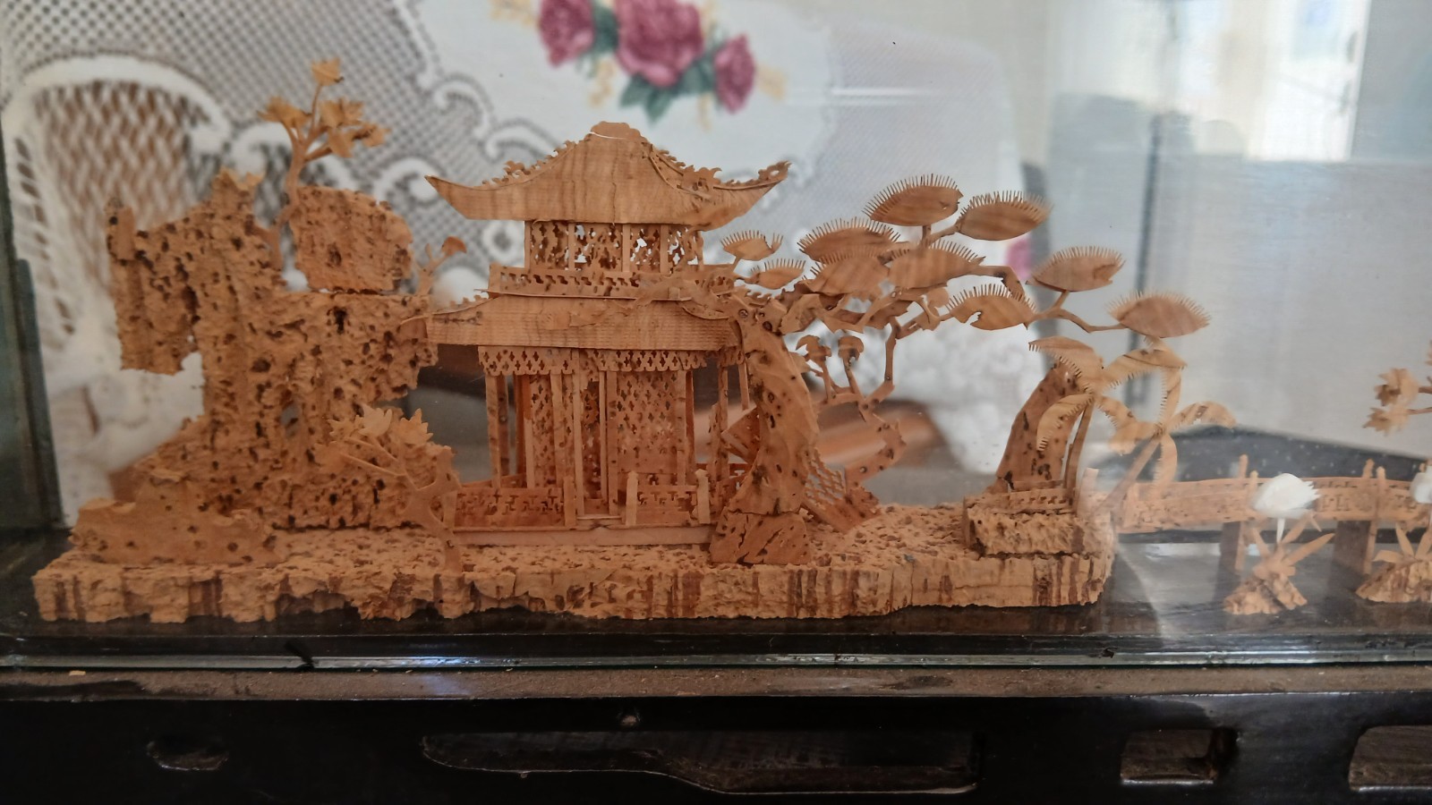 Vintage Chinese San You Cork Art Hand Carved Diorama Pagoda Cranes Trees