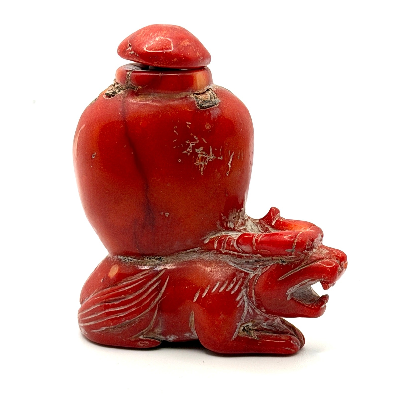 Vintage 60s Carved Natural Coral Dragon Chinoiserie Snuff Bottle