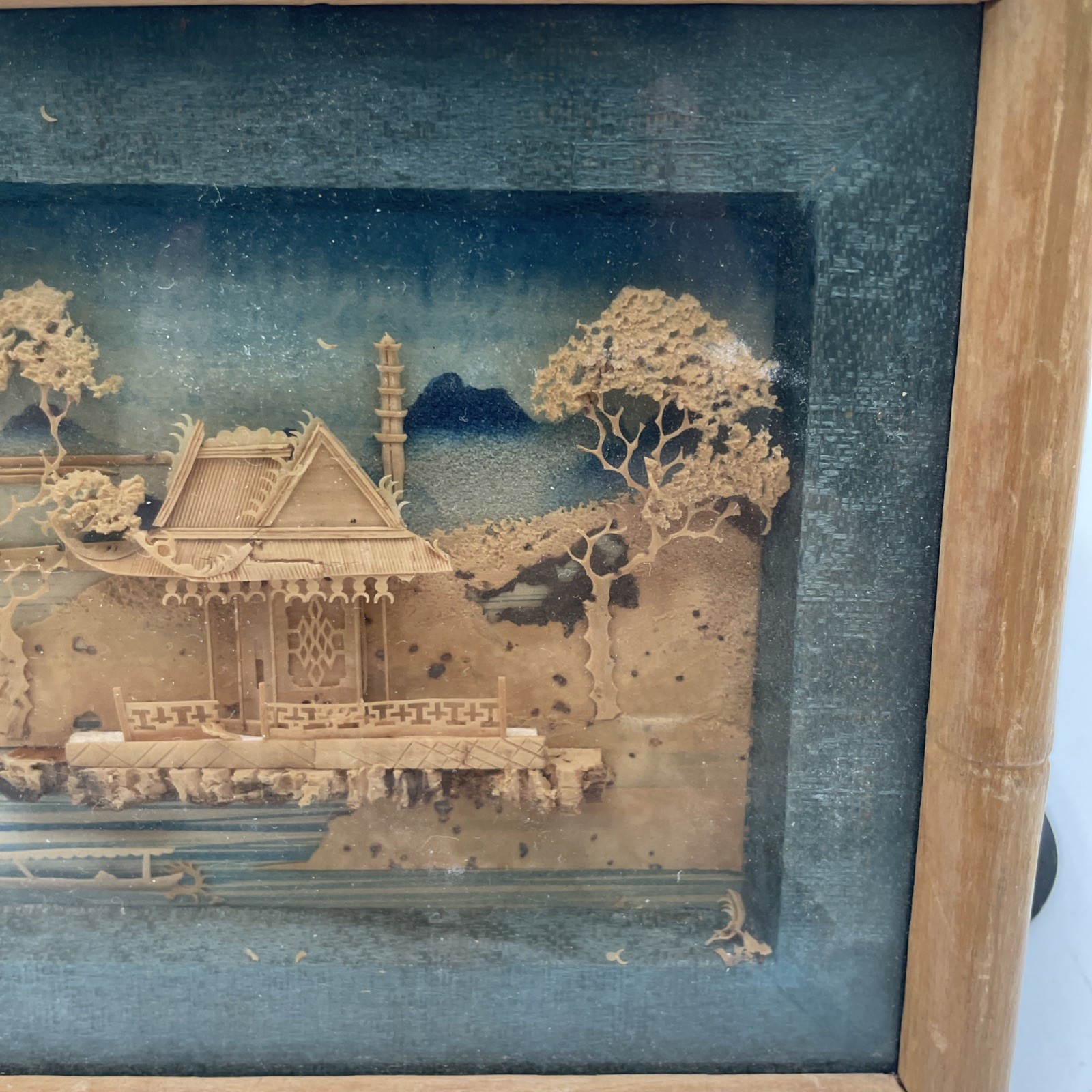 Vintage Chinese Cork Carving Landscape Diorama Shadow Box Bamboo Frame AS IS