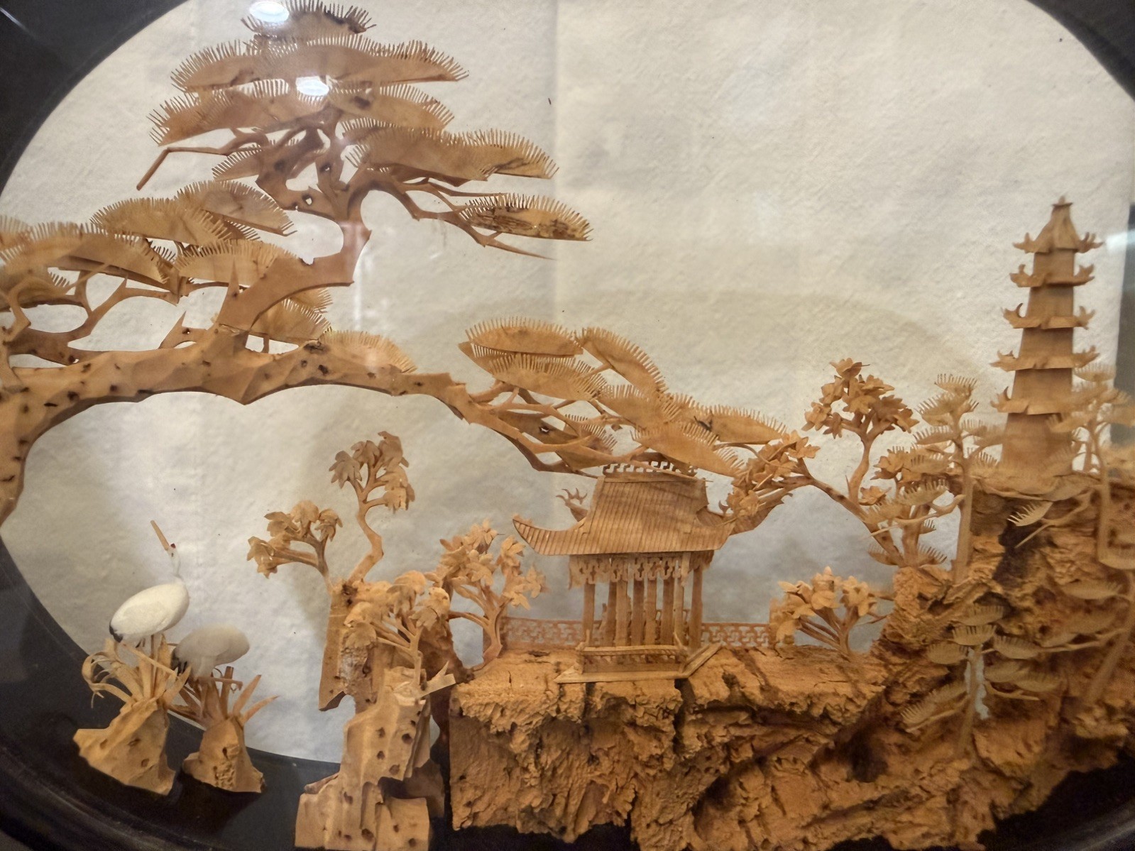 MCM Vtg. Carved Cork Chinese Art Diorama w/Cranes Pagoda and Trees Black Lacquer