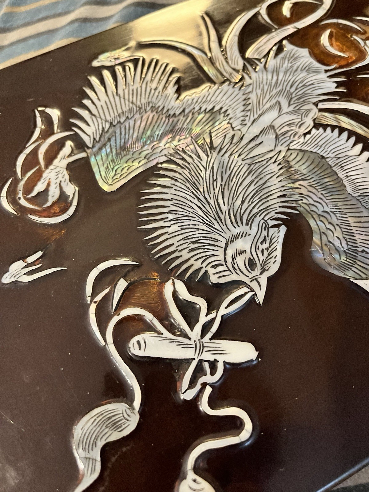 Asian Lacquer Panel Mother of Pearl Inlay Bird Plumage Vintage Wall Art Oriental