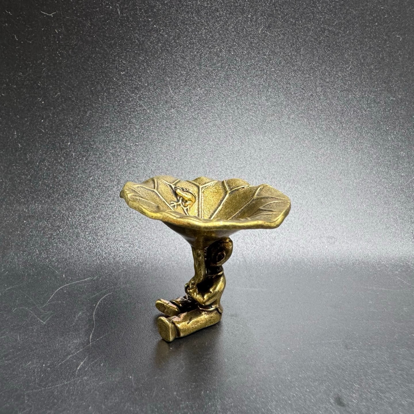 Vintage Brass Boy Holding Lotus Leaf Tray Incense Holder Tiny Jewelry Storage