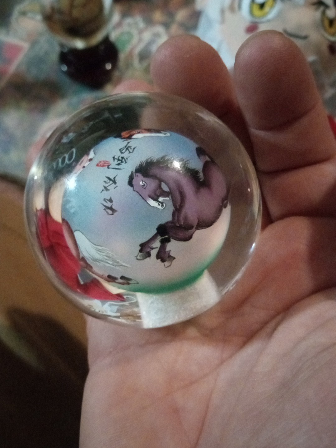 Vintage Chinese Hand Reverse Painted Glass Globe / Wooden Base Stand – 5″ Sphere
