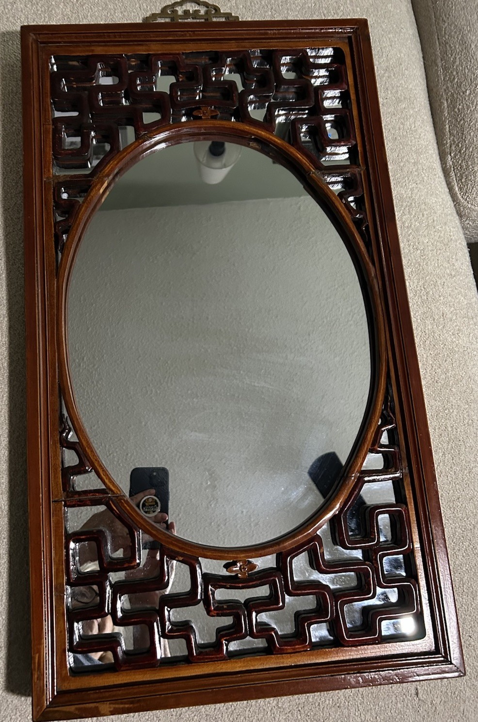 Chinese Red Asian Mirror, Solid Fir Hand Carved Lattice Design Brass Hanger