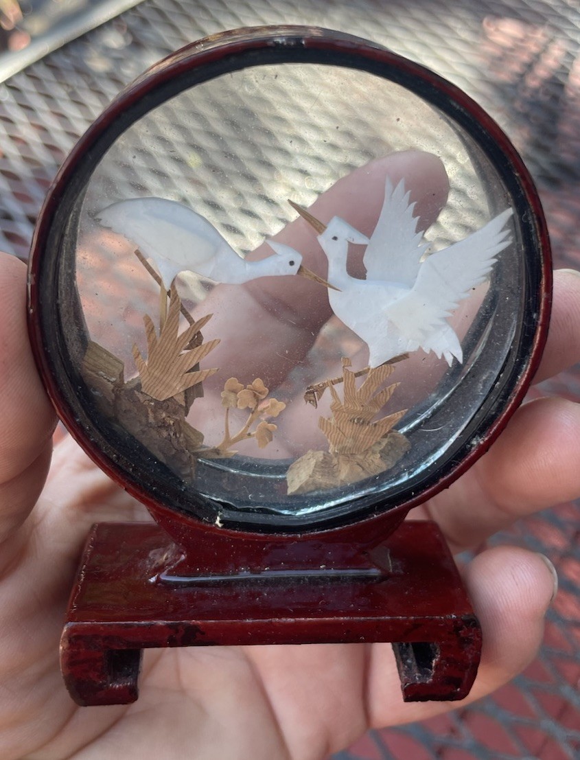VINTAGE ASIAN Set CARVED CORK DIORAMA GLASS DISPLAY WOOD BOX Storks & Elephants