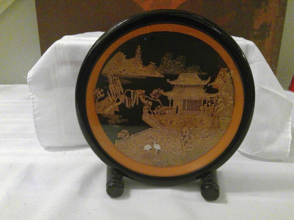 VINTAGE CHINESE DIORAMA CORK CARVING GLASS CASE PAGODA TREES & CRANES