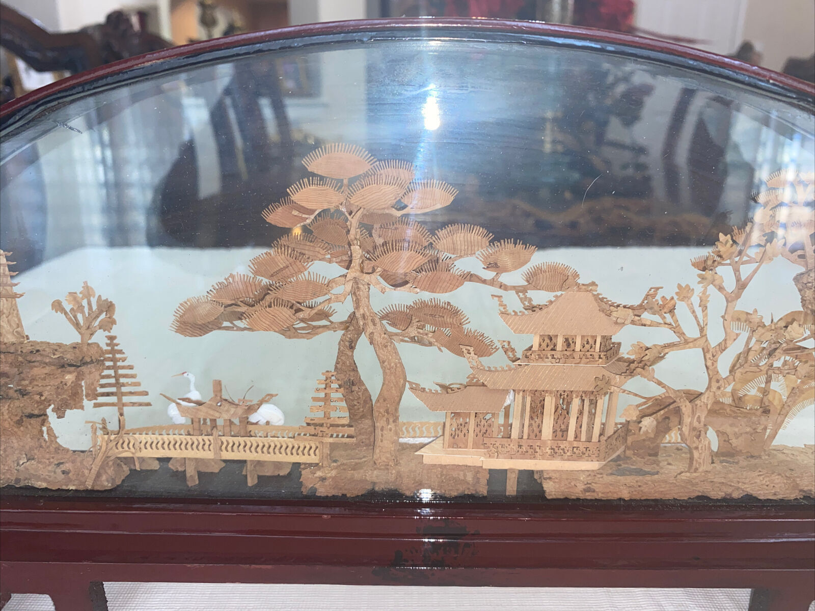 Vintage Large Chinese Cork Art In Glass Box Birds Garden Soothing Scenery 14” L