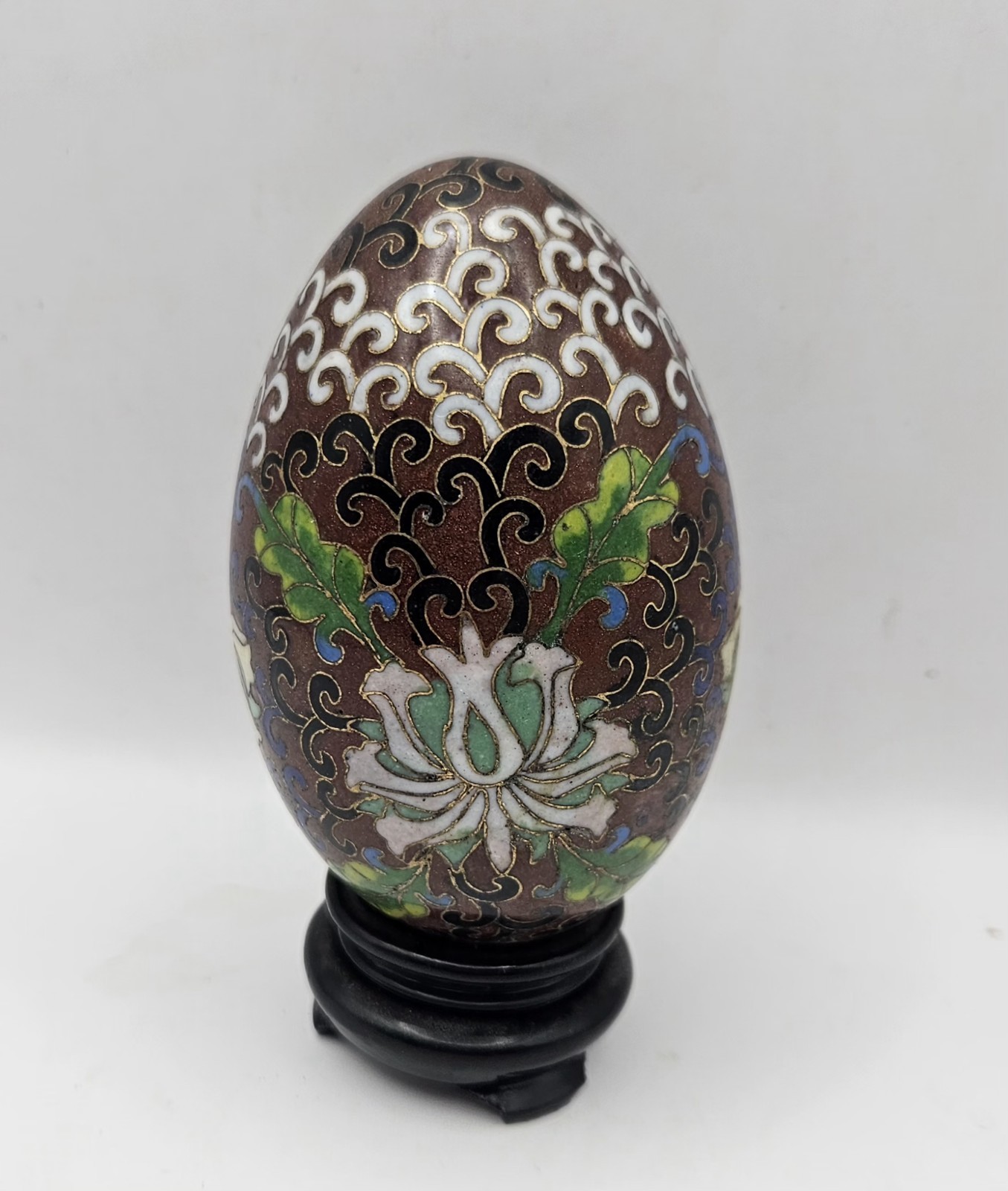 Vintage Chinese Cloisonne Enamel Egg Floral Brass w/ Wood Stand 4.5″