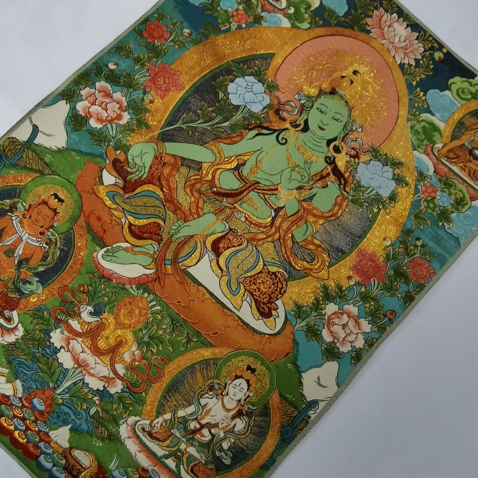 36″ Tibet Tibetan Cloth Silk Buddhism Green Tara Guanyin Tangka Thangka Mural 2