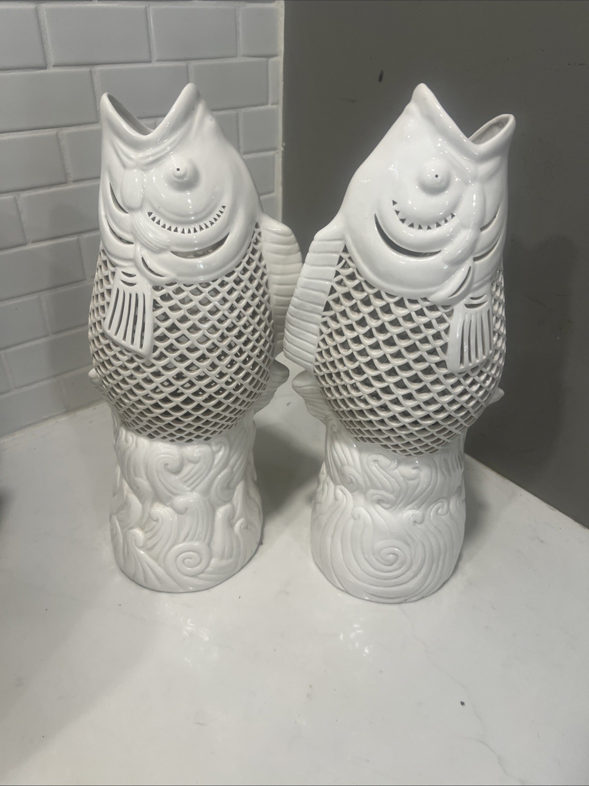 Vintage 1950s Reticulated Porcelain Blanc De Chine Fish Sculpture Pair 14” Large
