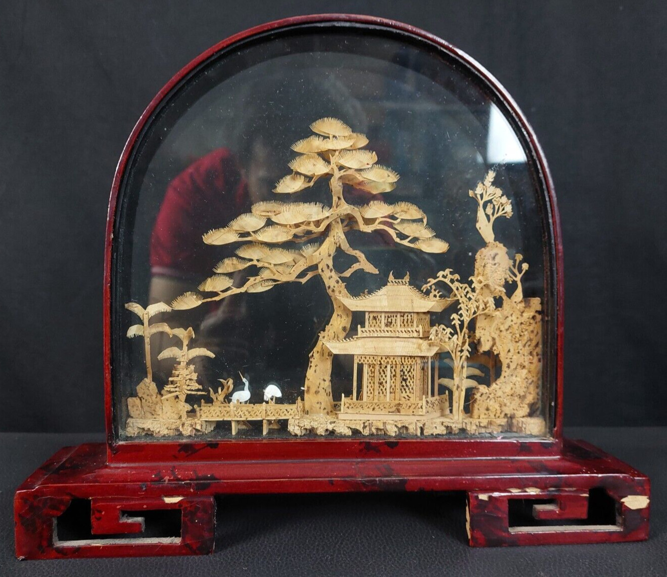 VINTAGE CHINESE SAN YOU DIORAMA CORK CARVING GLASS CASE PAGODA TREES & CRANES