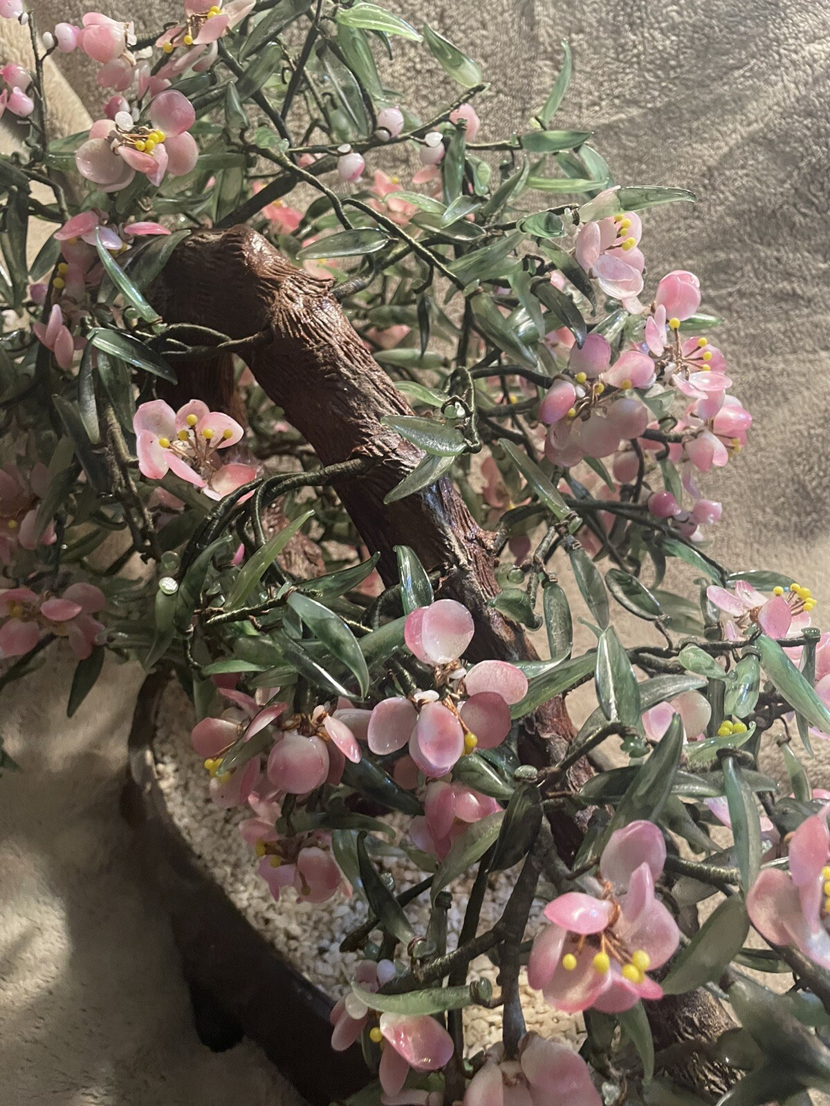 Vintage Large Chinese Jade Stone Glass Bonsai Flower Tree Rare!!!￼ .