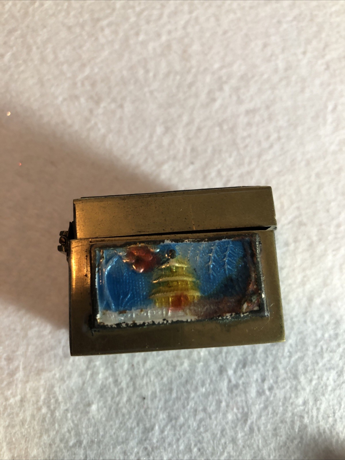 Chinese Brass Enamel Temple Stamp Box Vintage Antique