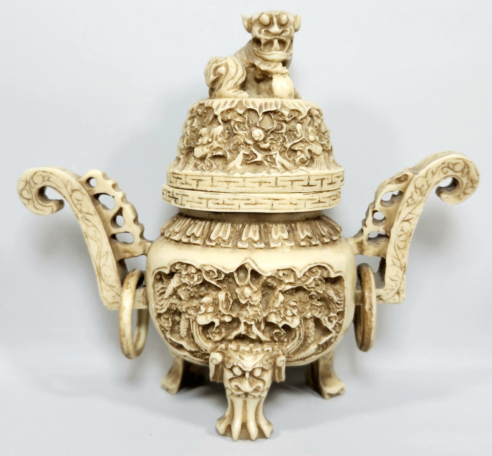 Vintage Chinese Dragon Carved Incense Burner with Lid | Resin? 5.5″
