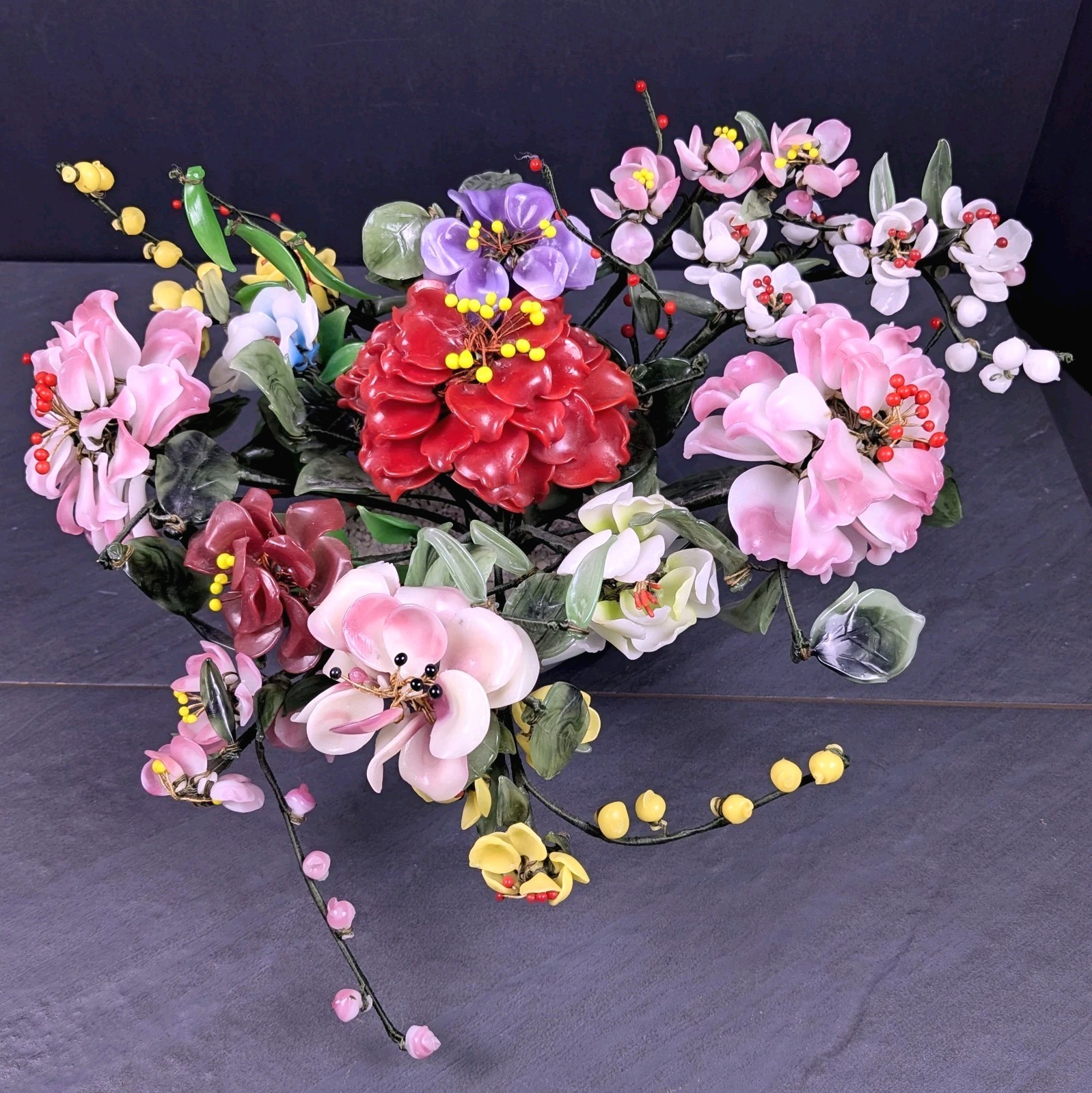 Vintage Jade Style Glass Flower Arrangement Asian Bonsai Planter Pink Red Purple