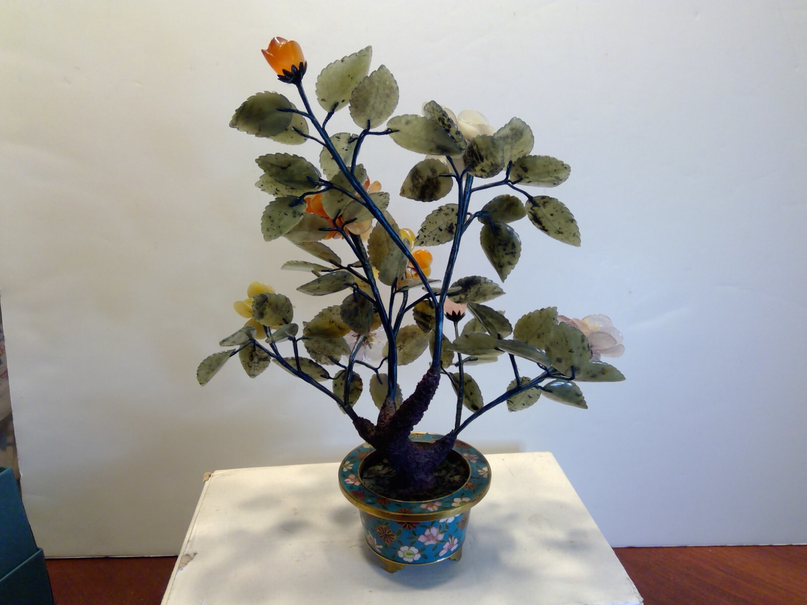 Vintage Chines Cloisonne Pot Bonsai Tree Craved Stone Flowers & Leaves 11″ Tall