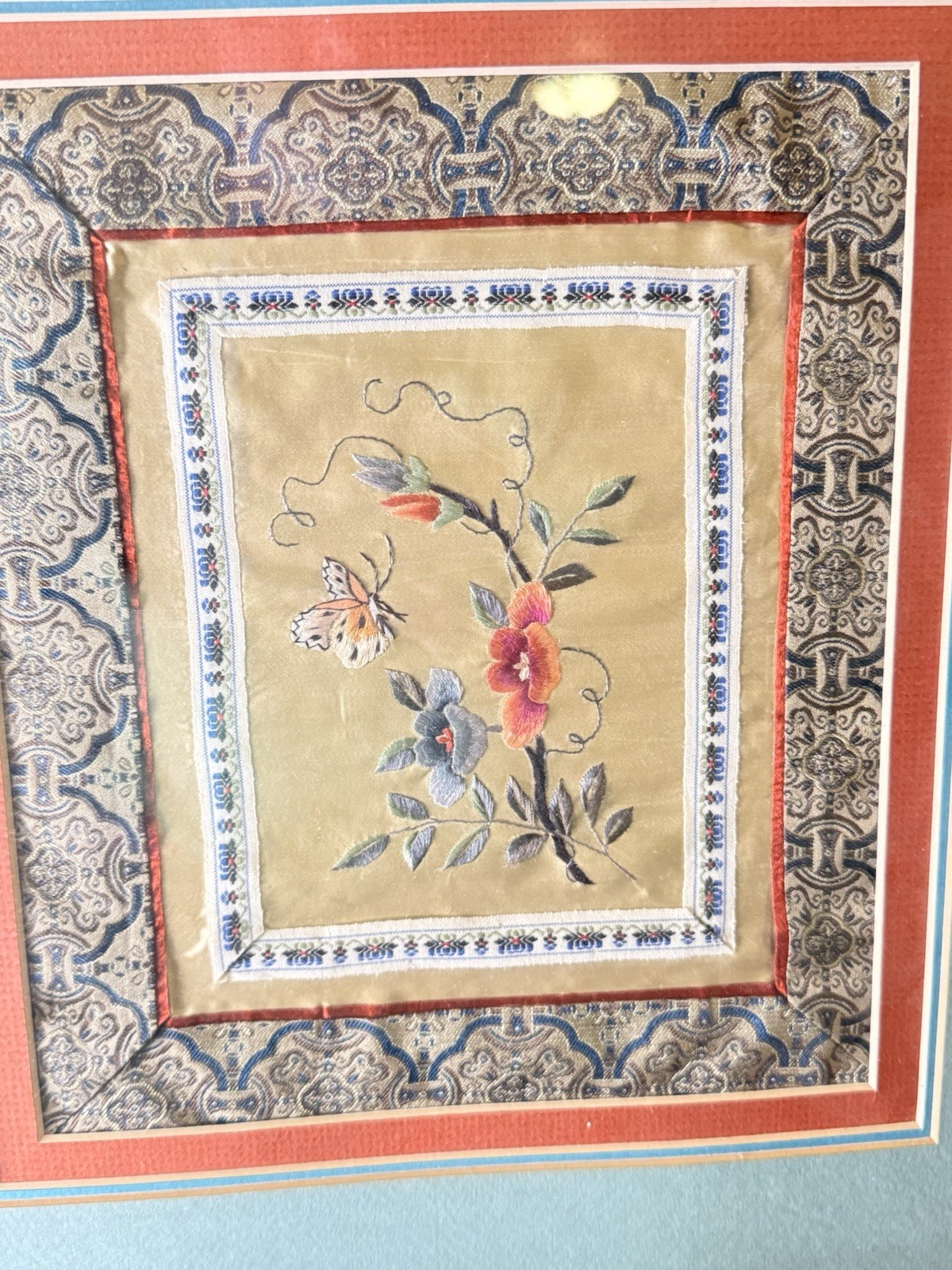 Vintage Chinese Silk Embroidery Double Panel Framed Butterflies Flowers