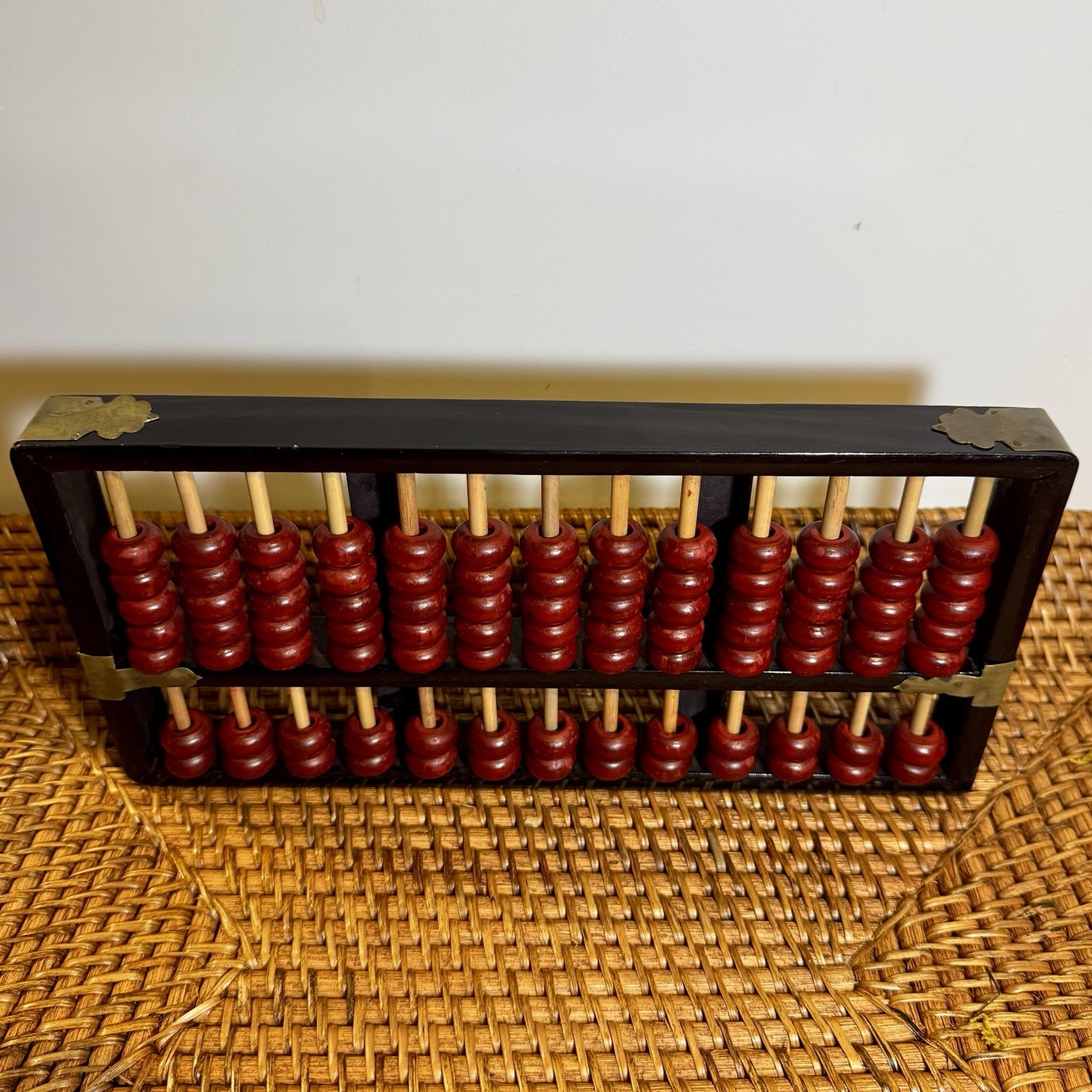 Vintage Abacus 13 Row 91 Beads Red Beads Brass Accents 11” X 5:5”