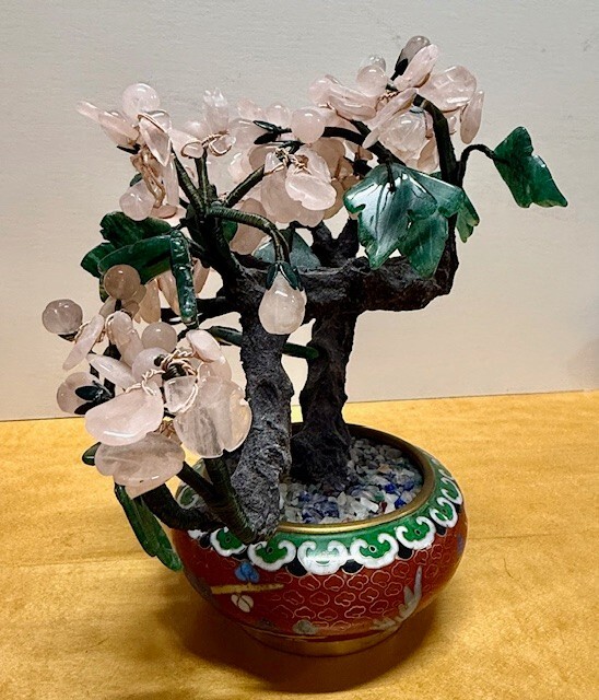 Chinese Quartz & Jade Flower Tree in Cloisonne Pot Vintage Bonzai for good luck