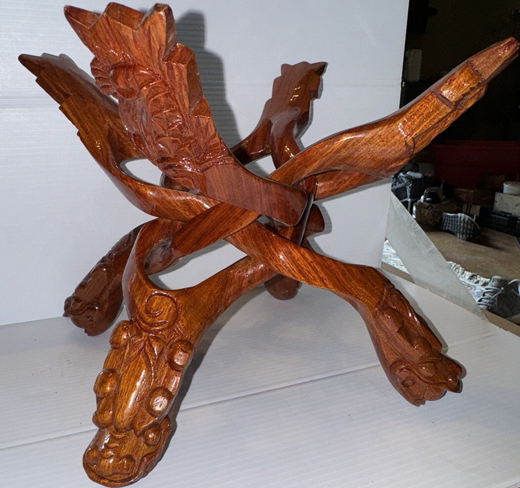 Carved Wooden Collapsing Dragon Bowl/ Planter Stand 9.5”tall, 12” Wide 15.5” L