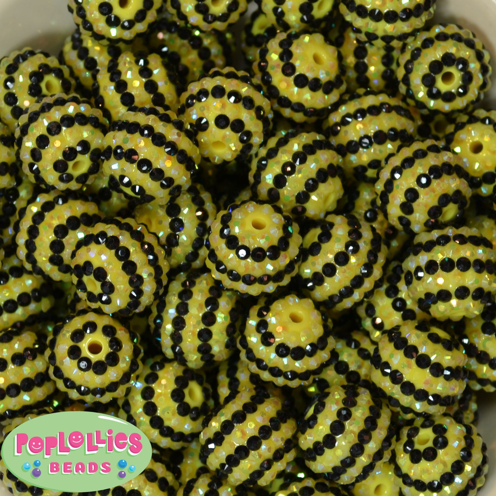 20mm Black and Yellow STripe Resin Rhinestone Chunky Bubblegum Beads 20 pc