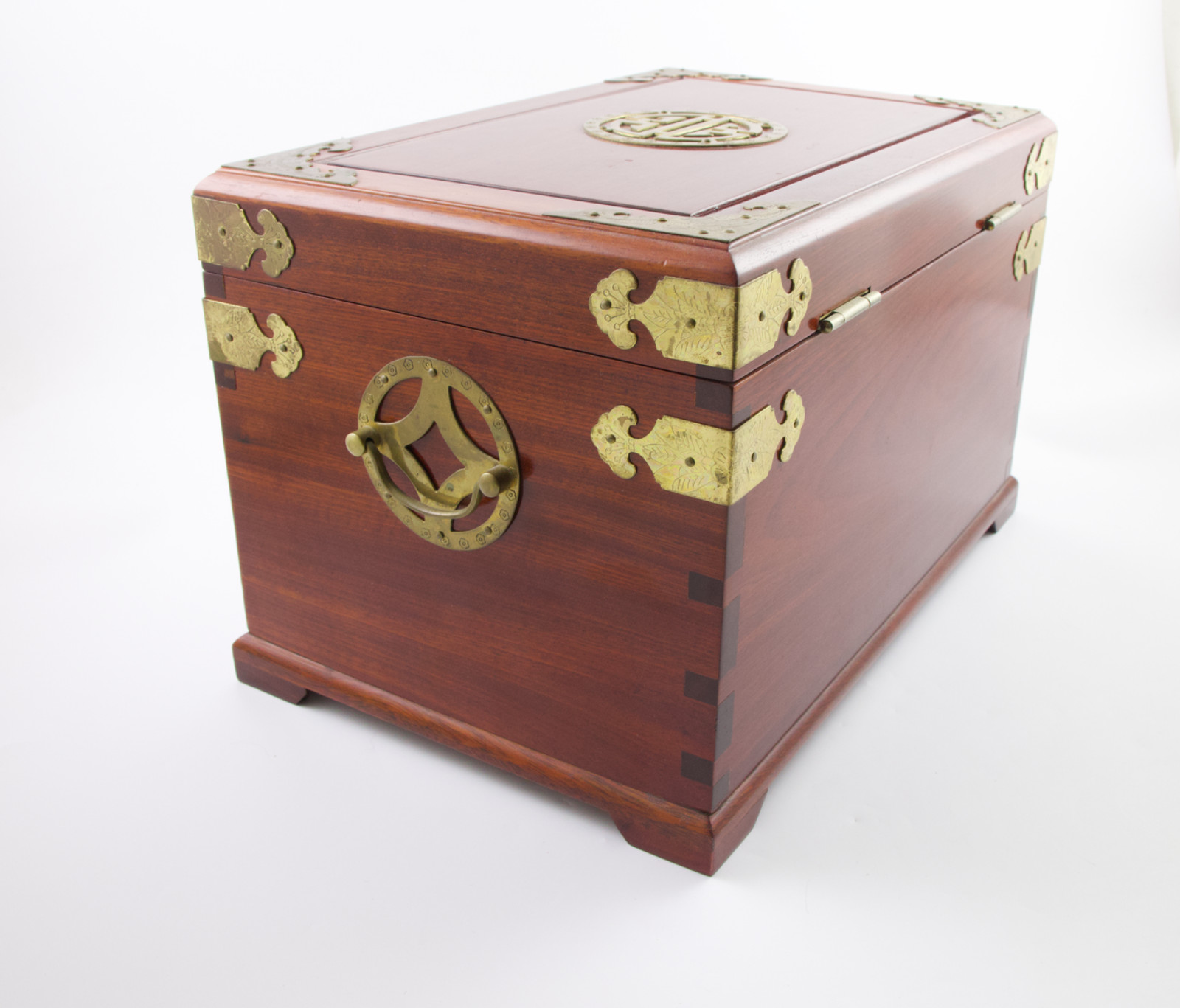 Large Chinese Rosewood & Brass 2 Drawer Flip Top Jewelry Box Longevity Symbol