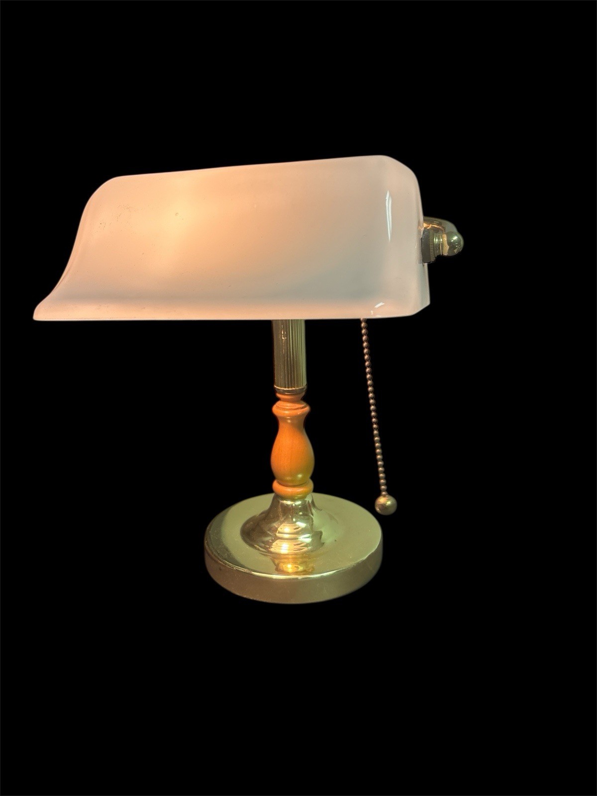 Bankers Lamp White Shade , Shiny brass With Wood Look Model 9406 Made In China
