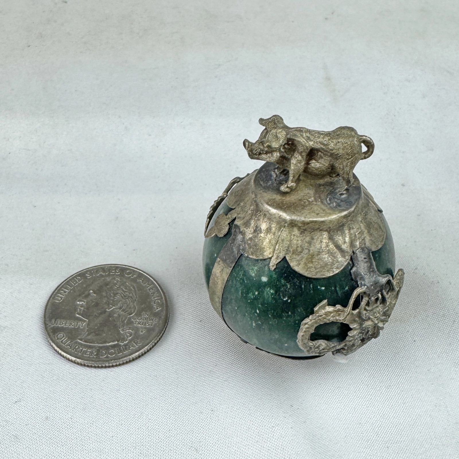 Vintage Chinese Zodiac PIG Green Marble Orb, Pewter/Tin Finial, Dragon Motif