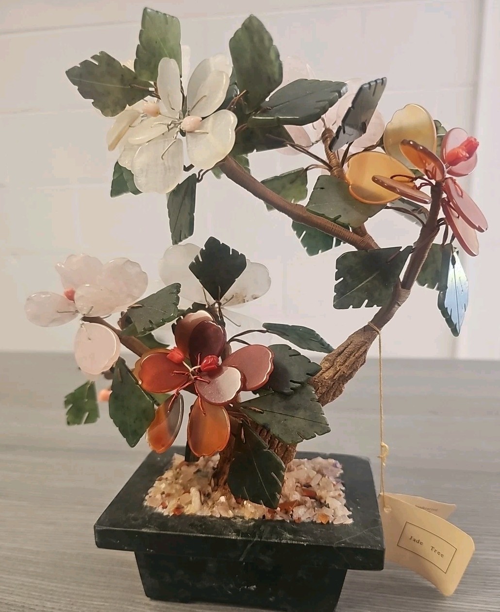 Mutli Color Jade & Gemstone Flowers In Pot Green Pink White Rust Brown 9.5″