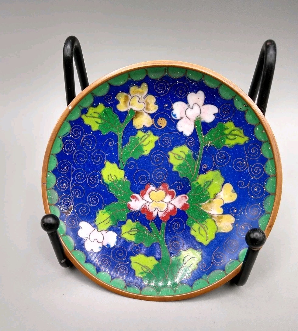 2 Vintage Chinese Cloisonné Enamel Dishes floral and landscape scene 3.75”
