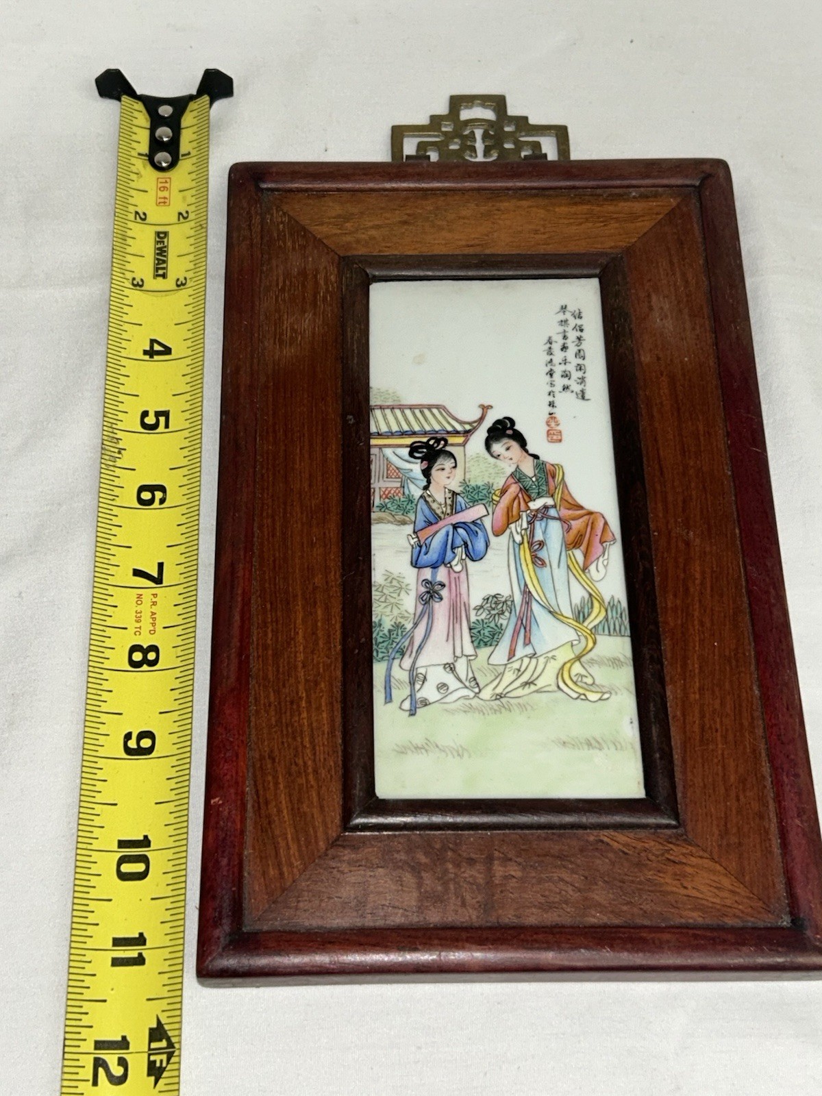Vtg Chinese Porcelain Painting Interior Scene Plaque Republic Period 1940’s