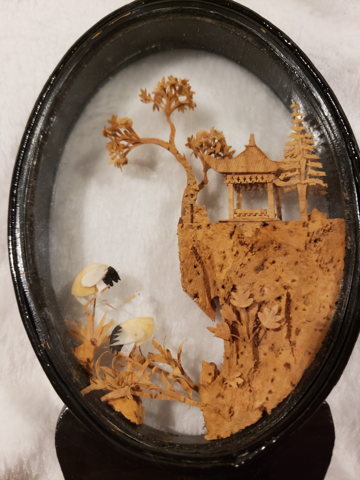 Vintage Hand Carved Cork Diorama Cranes Pagoda Trees Art, Glass Case