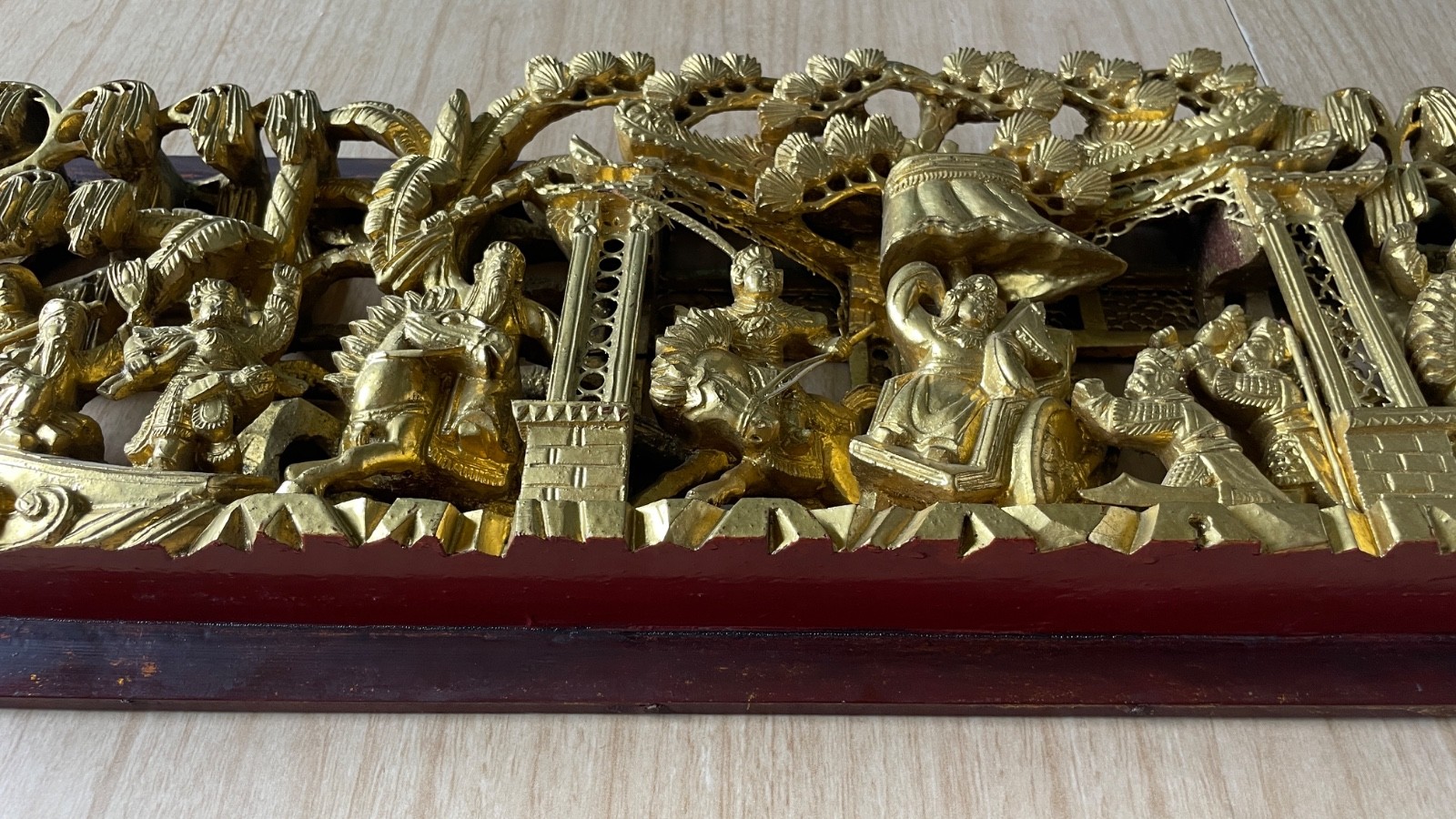 Chinese Gold Gilt Wood Carved Relief Panel Temple Boat Warriors Horses 27×9