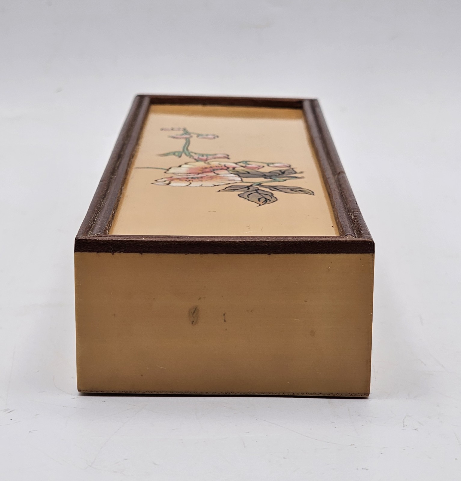 Vintage Chinese Acrylic Faux Wood Hand Painted Trinket Pencil Sliding Box GREAT!