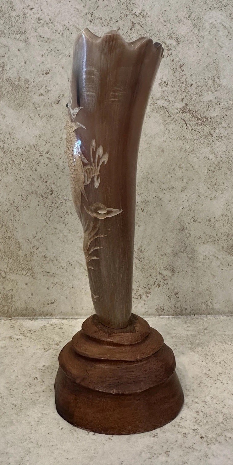 Vintage Thai Carved Horn Vase Dragon Motif Handicraft Wood Base Decor – Textured