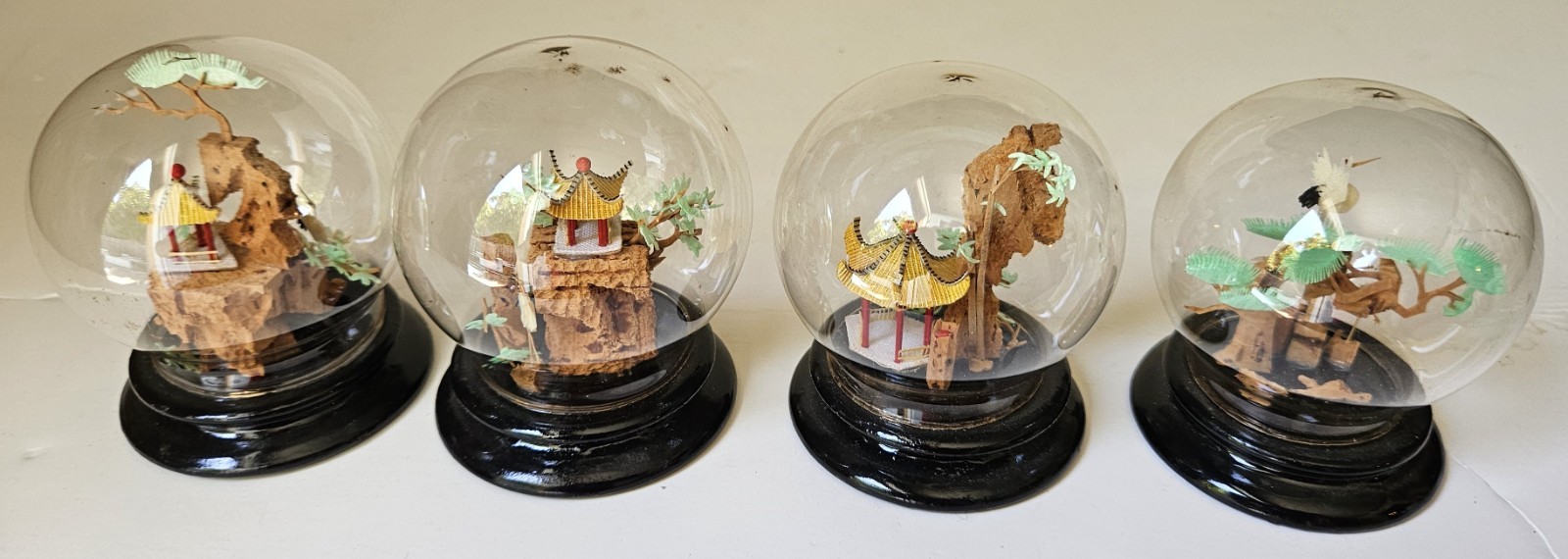 Chinese Cork Sculpture, Wooden Base and in Glass Dome, 4 pcs set, 3 x 2.5 inches