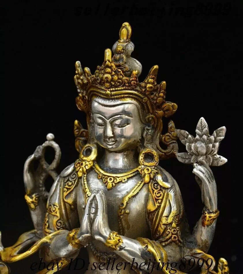 8″ Tibet Silver Gilt 4 Arms Chenrezig Goddess Buddhas Avalokiteshvara God Statue