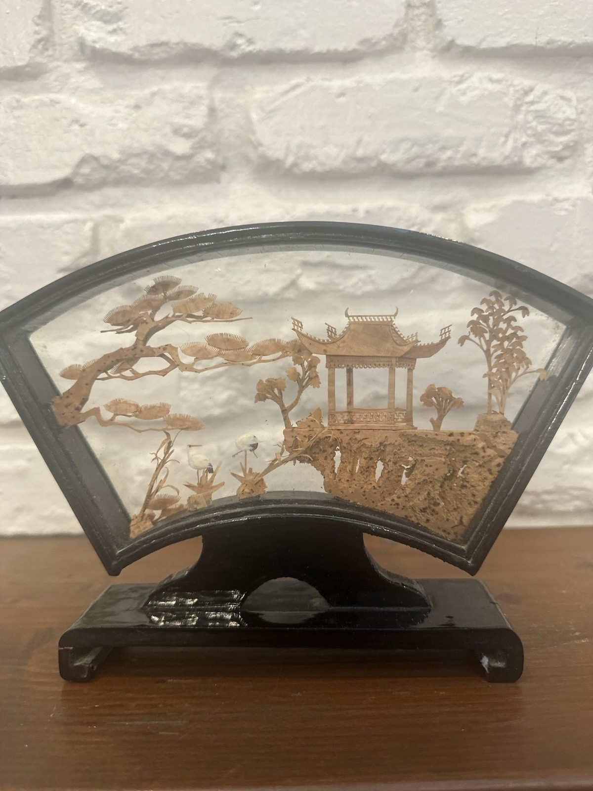 VINTAGE CHINESE SAN YOU DIORAMA CORK CARVING GLASS CASE PAGODA TREES & CRANES.