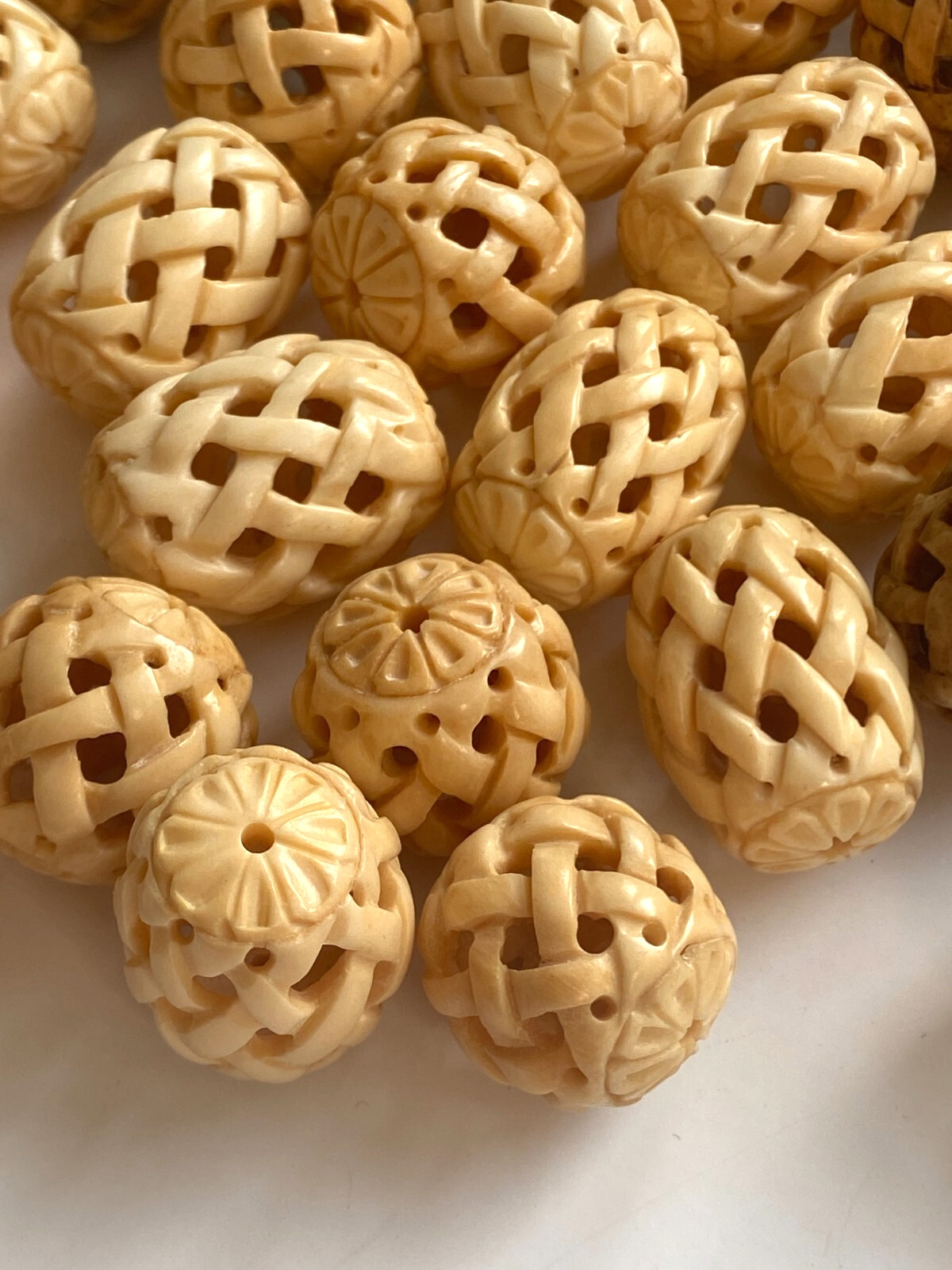 Vintage Hand-Carved Asian Lattice Beads Bovine Bone Lot of 54