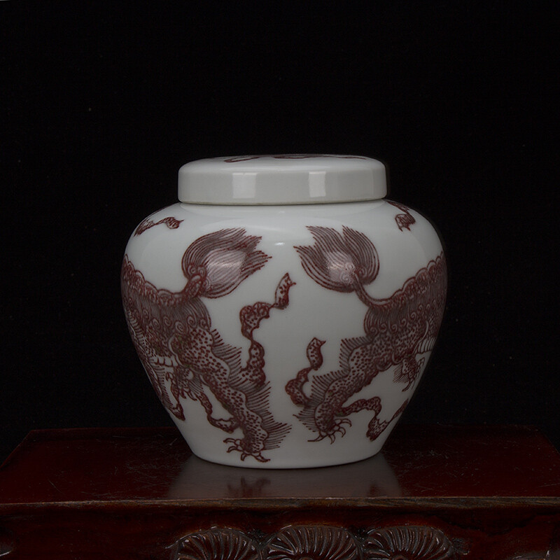5.1″ Good China Red Glaze Porcelain Hand Painting Foo Fu Dog Lion Tea-leaf Pot