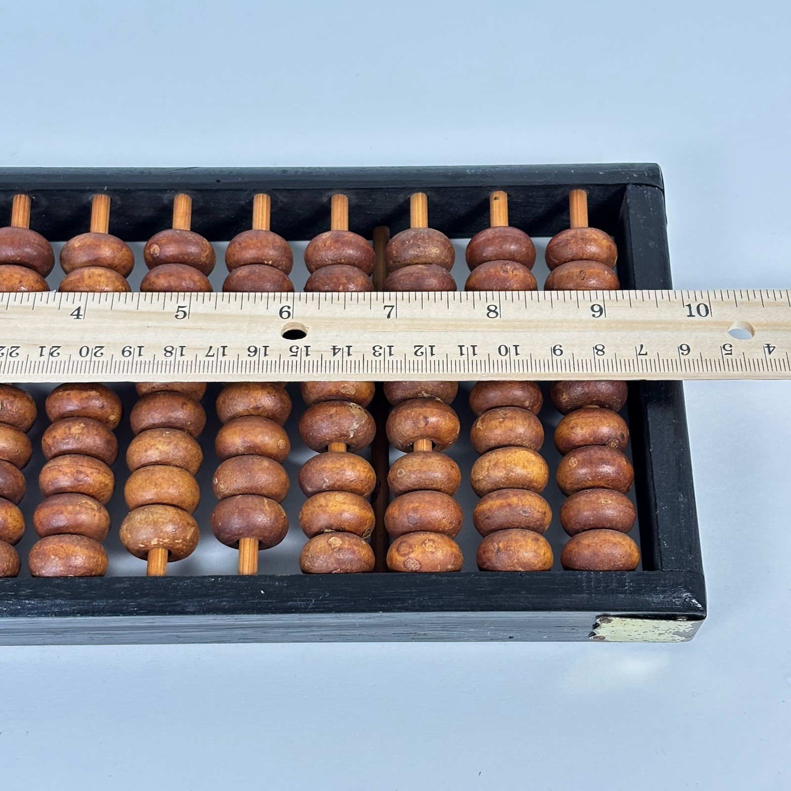 Vintage Wood Abacus 11 Rods 77 Wooden Beads Brass Corners Asian Calculator