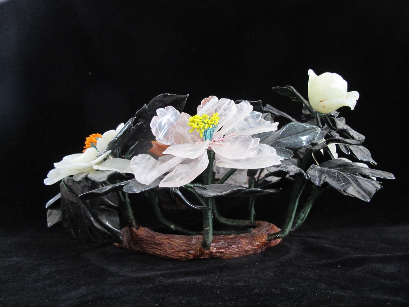 CHINESE Carved Jade Carnelian & Quartz Hardstone FLOWER Centerpiece