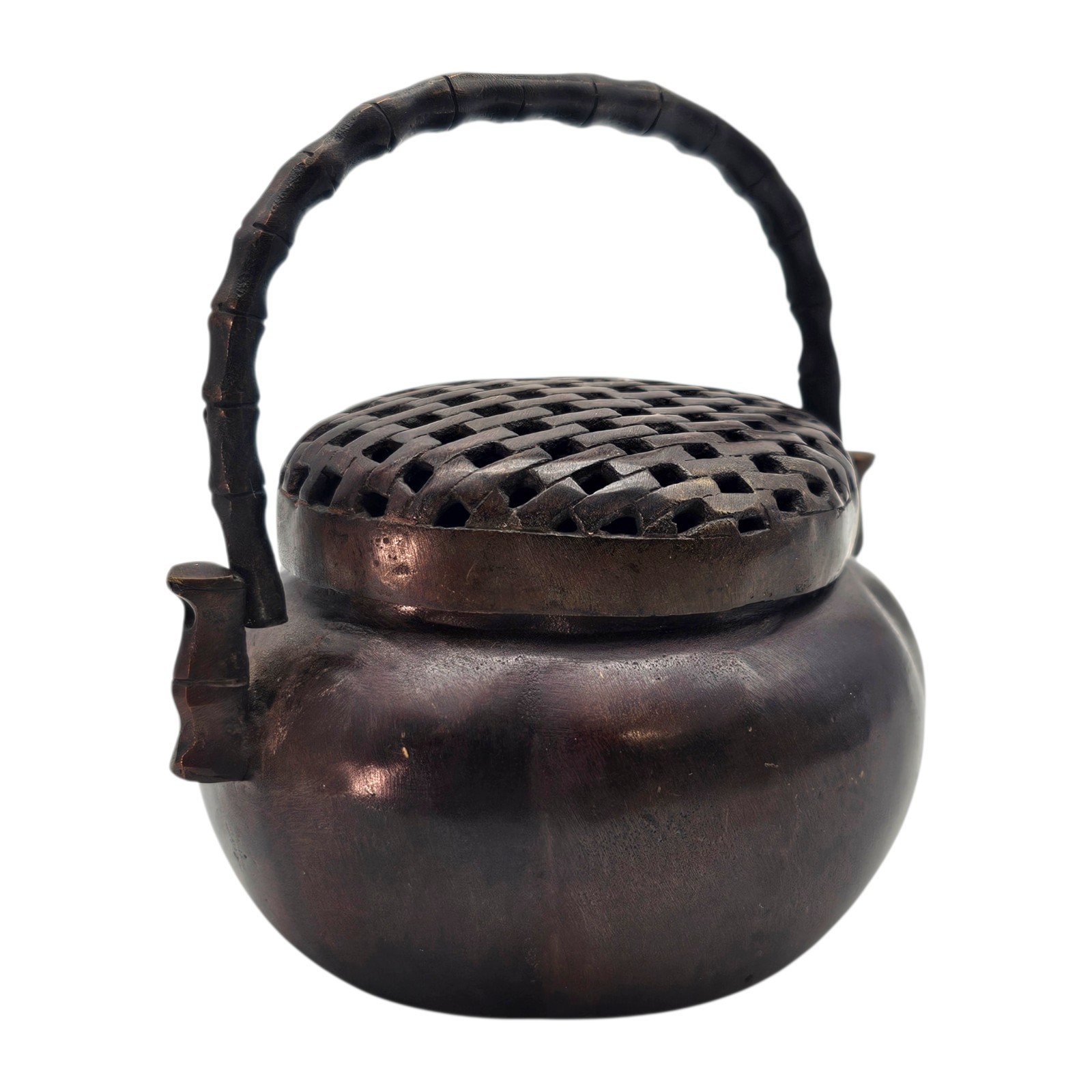 Chinese Bronze Xuande Mark Incense Burner Xianglu Hand Censer Bamboo Handle 4″