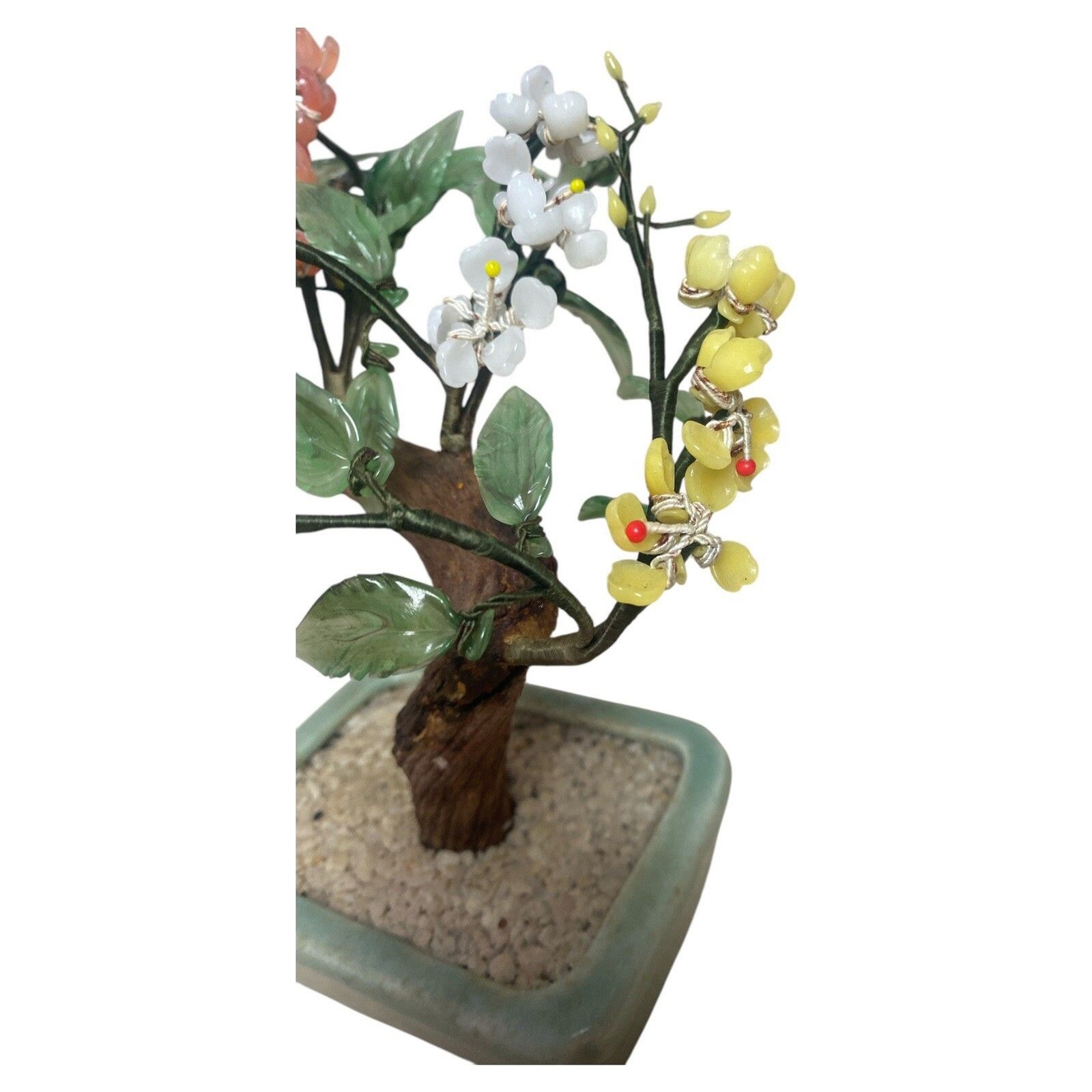 Glass Jade Bonsai Tree Sculpture Multicolor Flowers Celadon Pot 9 Inch