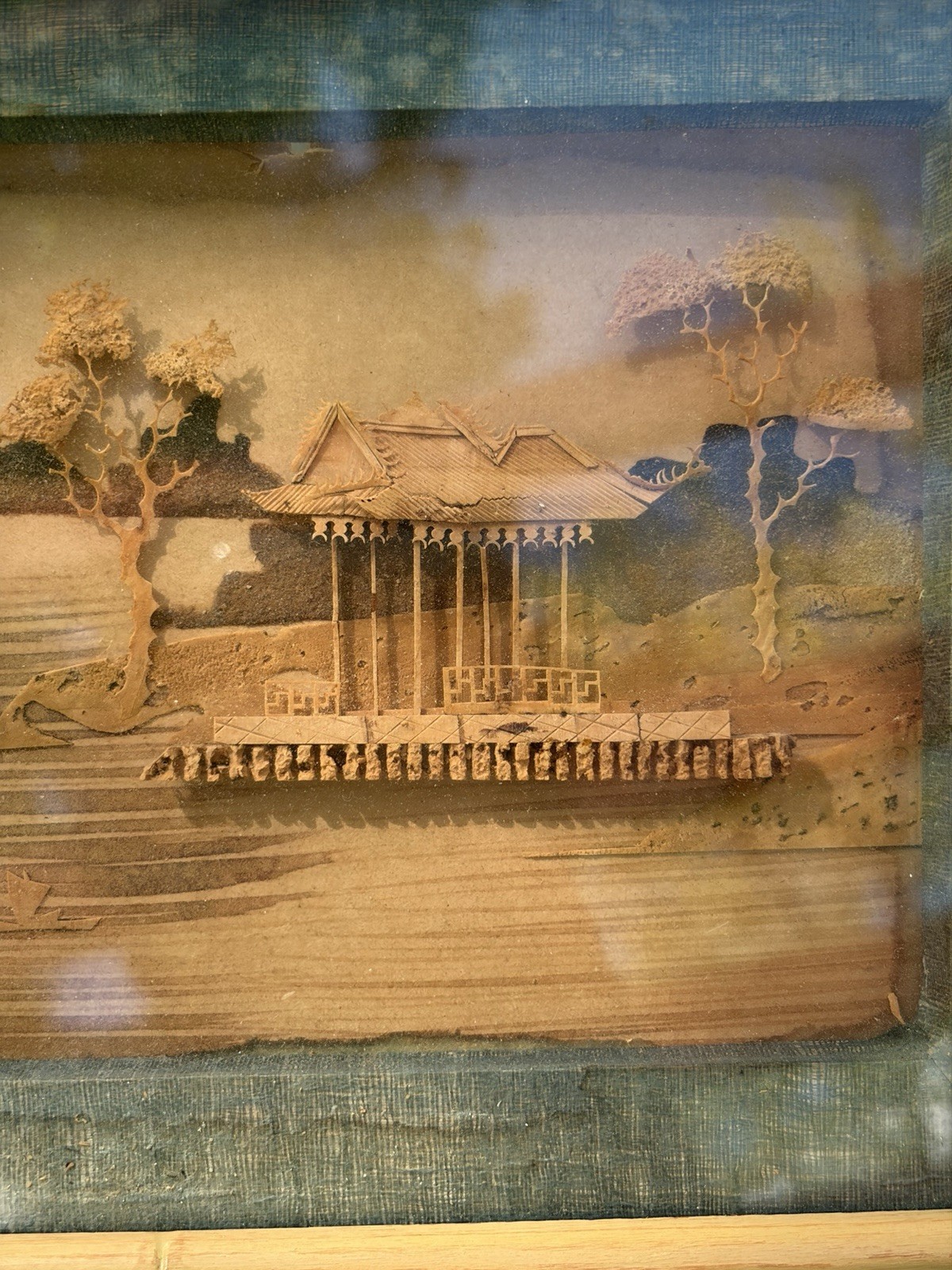 Vintage Framed Asian Cork Diorama Shadow Box Wall Art. Marked China