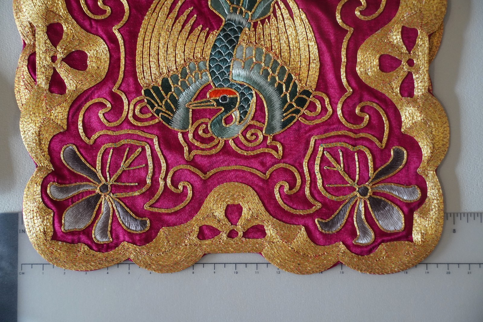 3 Vintage Chinese Embroidered Silk Crane Medallion Mats 7 3/4″ Inch Metal Thread