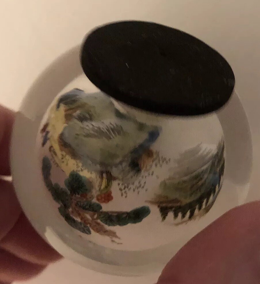 VTG Reverse Painted Glass Ball Sphere Paperweight Oriental Mountain Scene 2”x2”